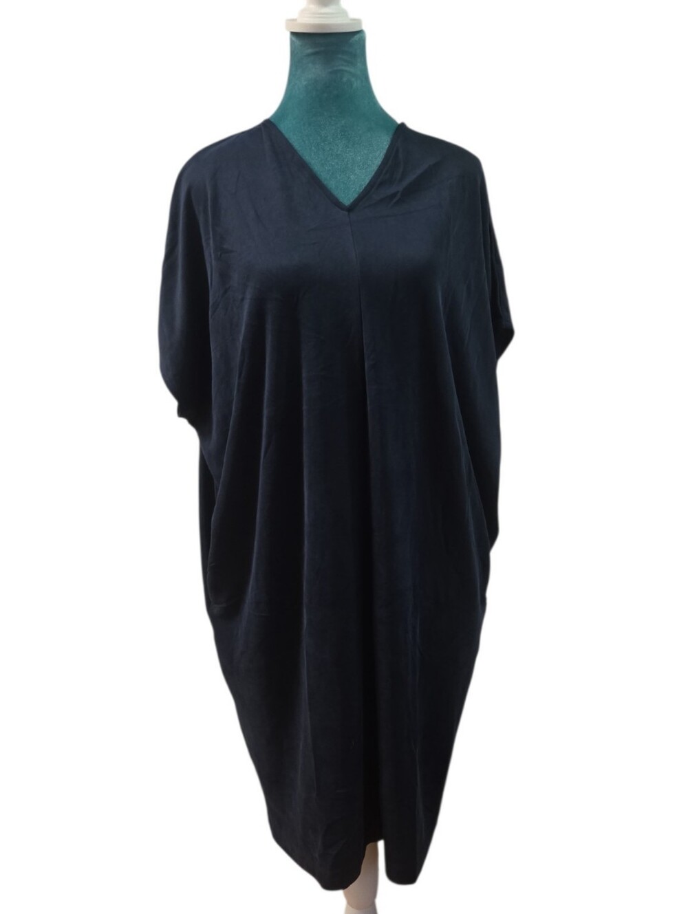 Navy Blue V-Neck Relaxed Fit Shirt Dress Tunic Top with Pockets Medium